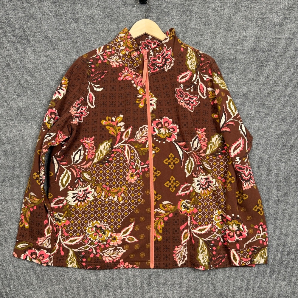 Sport Savvy Size 1X Jacket Brown Floral Printed Patchwork French Terry Full Zip